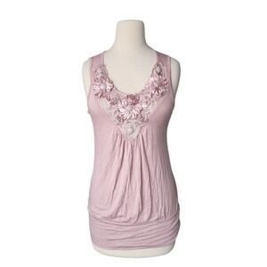 Vintage Y2K Babydoll Top Floral Applique Beaded Large Pink Sleeveless Festival